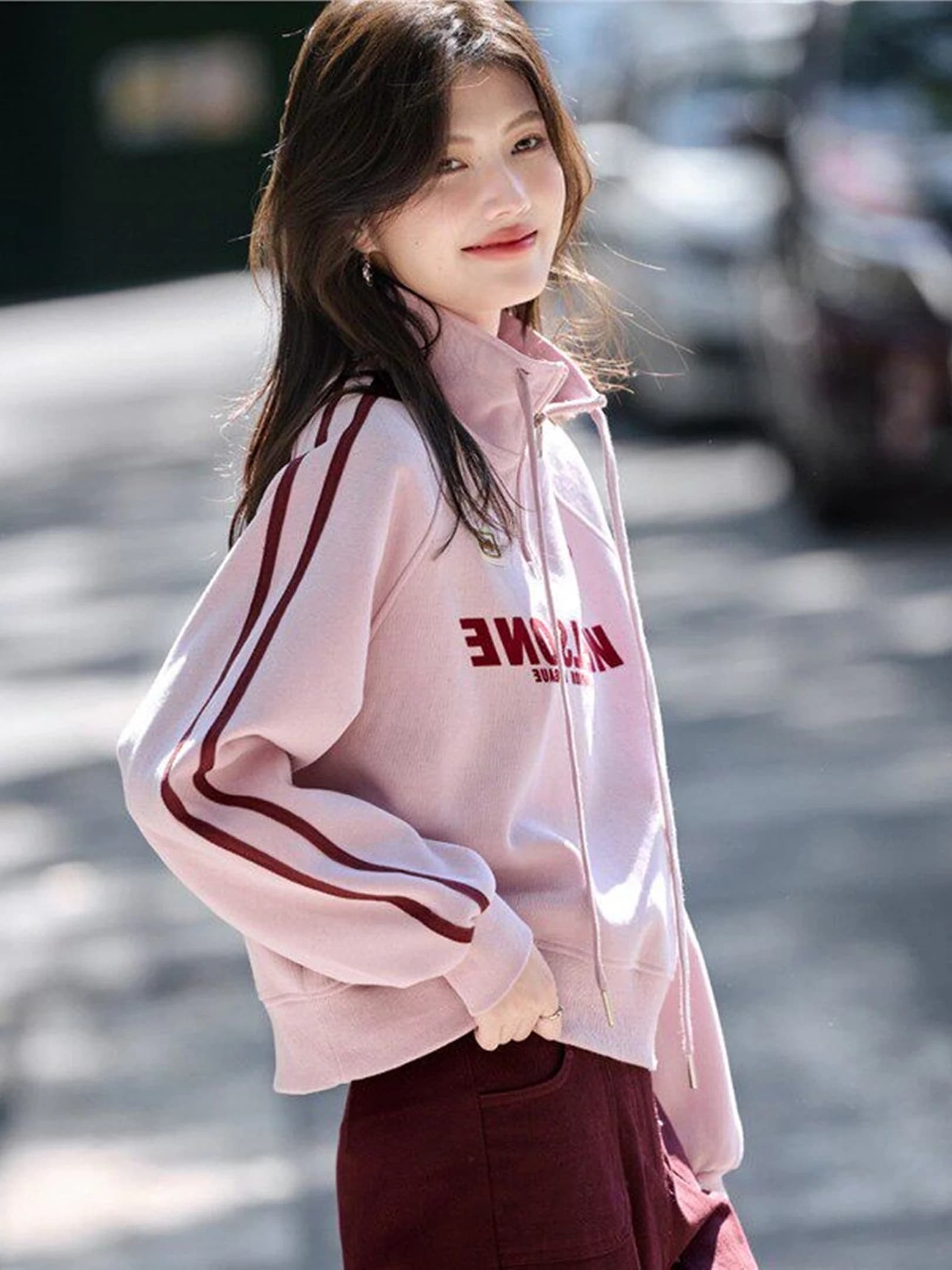 Oule Pink Stand Collar Half Zipper Hoodie Women's Cotton Loose Spring Autumn Seasonal Casual Comfortable Drawstring Sweatshirt