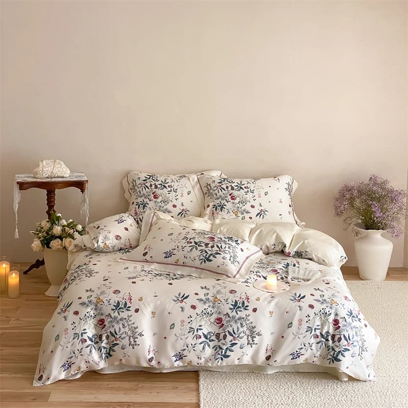 Botanical Floral Lyocell Bedding Set 4Pcs Silky Cooling Duvet Cover with Pinecone & Berry Print, Soft Bed Linen for Hot Sleepers