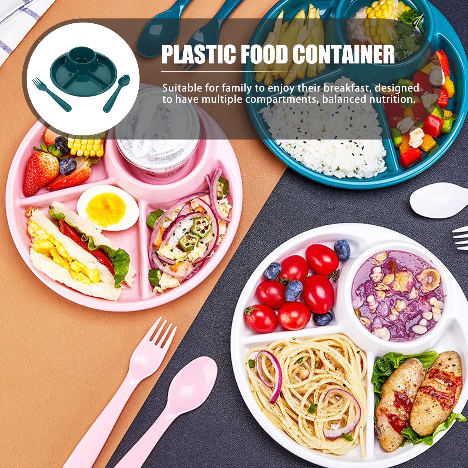 Set di Piatti Divisi in Plastica per Bambini, Contenitore per Alimenti Riutilizzabile, Piatto con Scomparti Lavabile in Lavastoviglie, Bordi Lisci