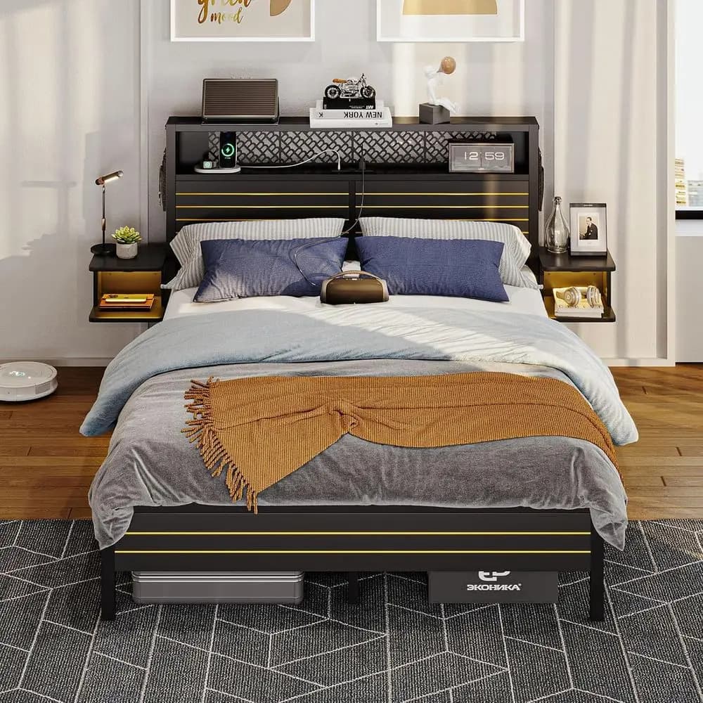 Black matt metal platform bed with horizontal striped container, LED bedside tables, charging station, no spring net required