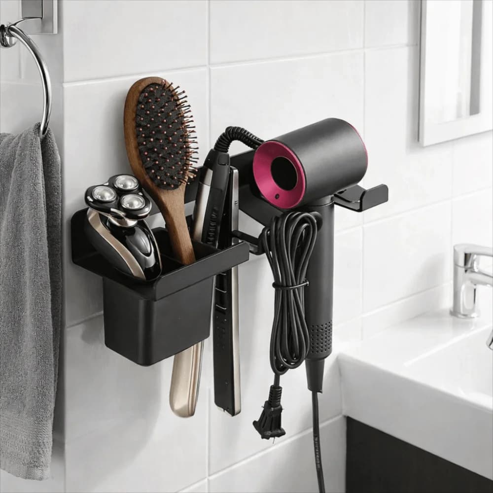 Carbon steel wall holder for hairdryer, waterproof, space saving, for plate and hair curler, with shelf for combs