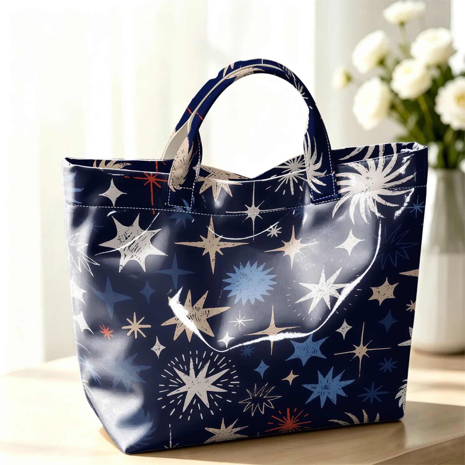 Starry Firework Fashion Large Glossy PVC Tote Bag Hand Washable Waterproof Perfect Travel Commute Cosmetic Storage Shopper