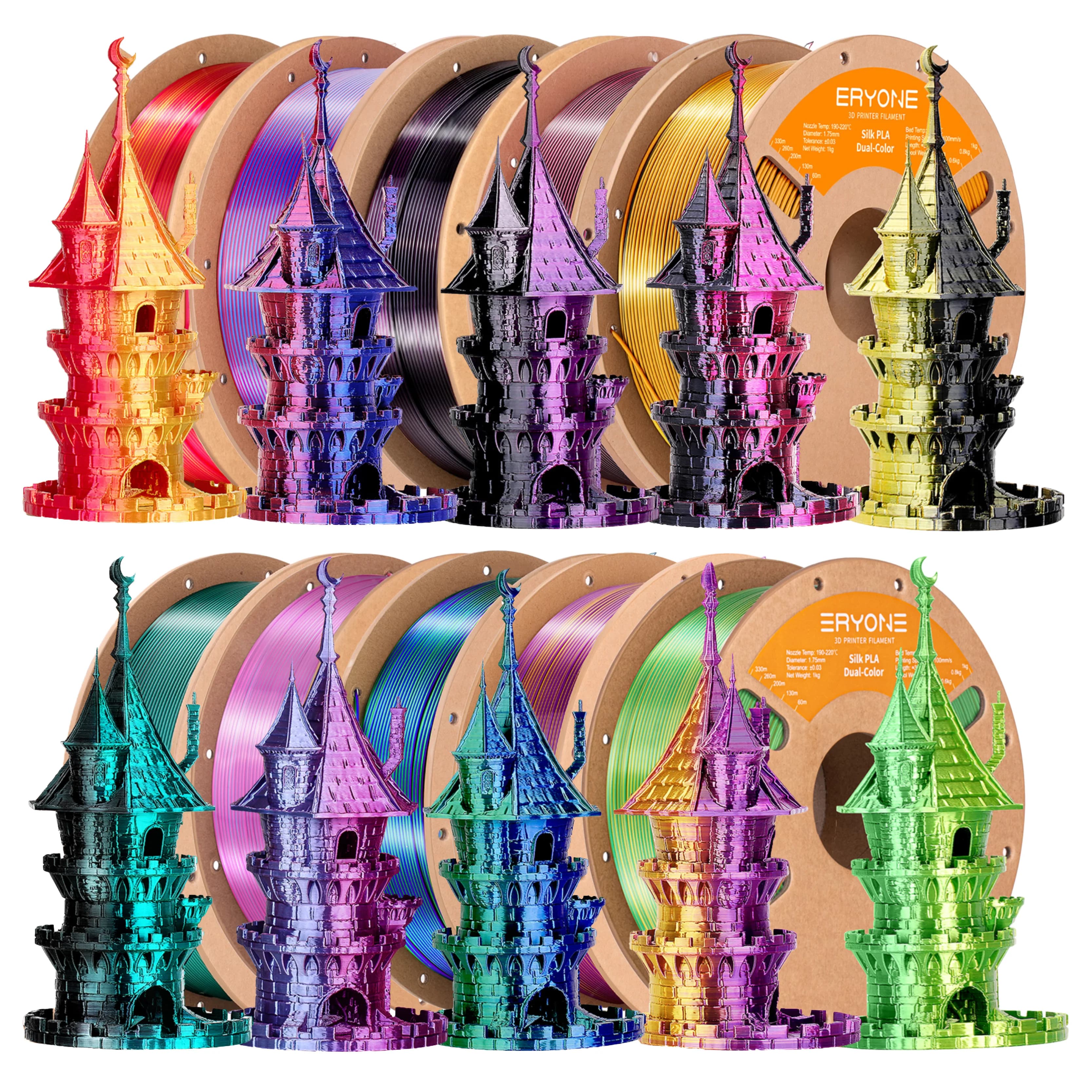 Filamento per stampante 3D ERYONE Silk PLA bicolore, 15 rotoli da 1 kg, 1,75 mm, spedizione dagli Stati Uniti, bobina da 1 kg