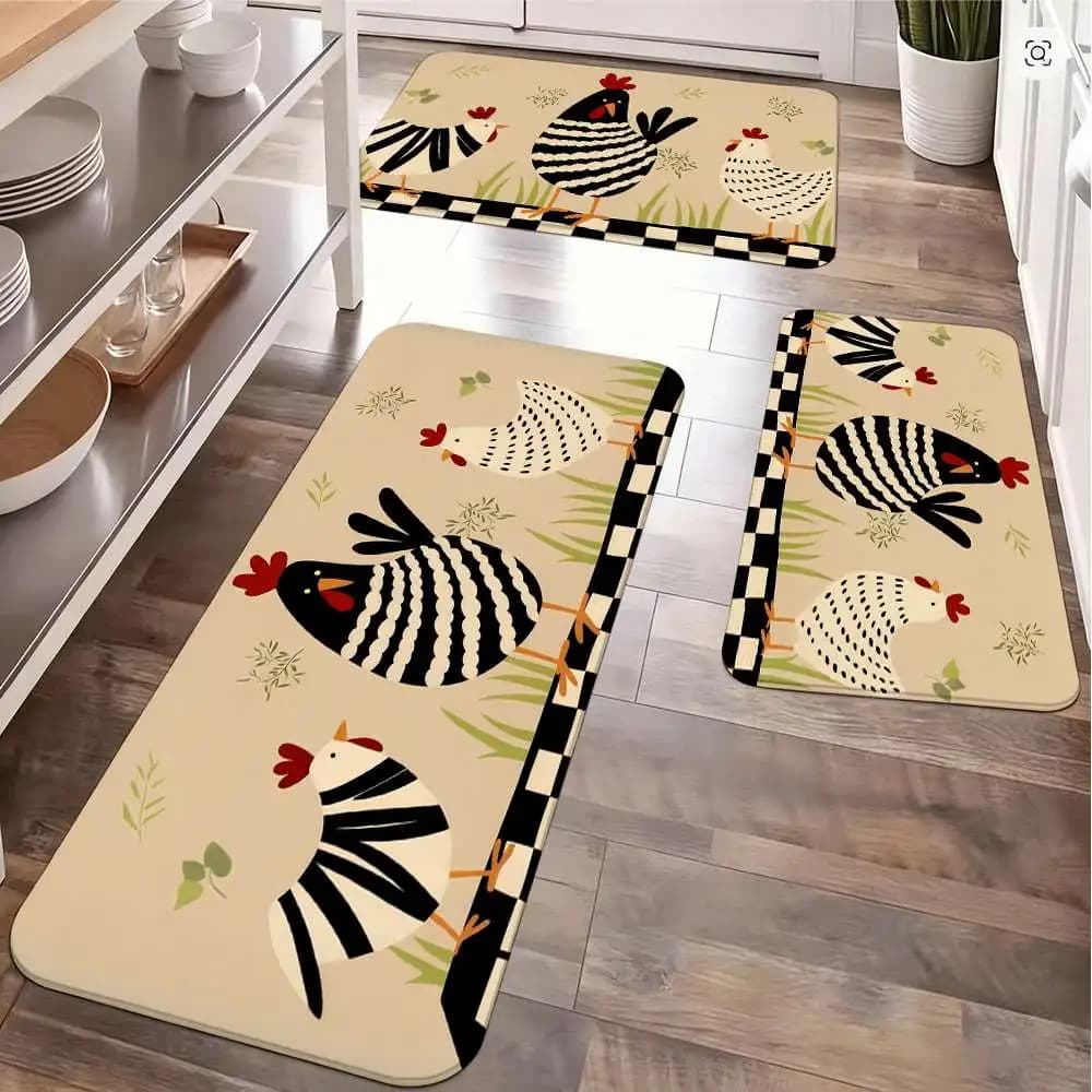 Kitchen mat with striped chick in pastoral style, cute and adorable zerbino, home decoration, anti-slip mat, easy to clean