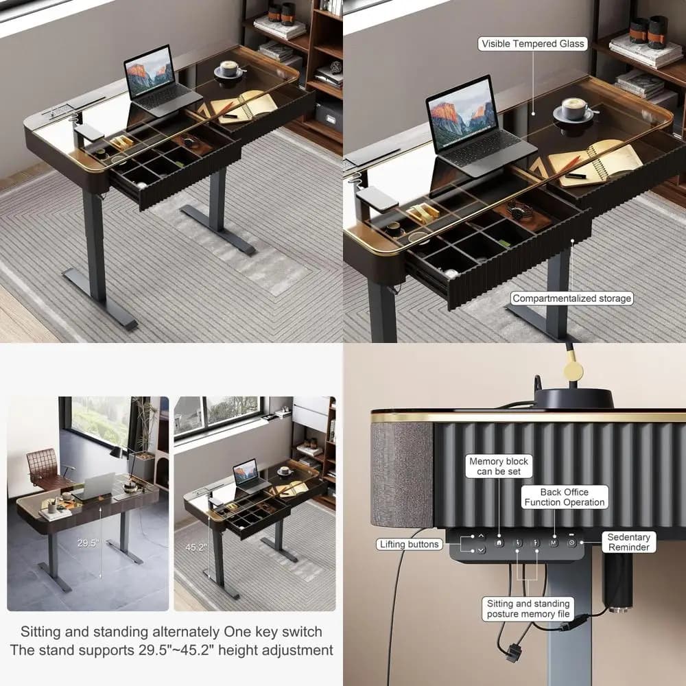 Scrivania elettrica da terra con cassetto per laptop e porta di ricarica USB per l'home office