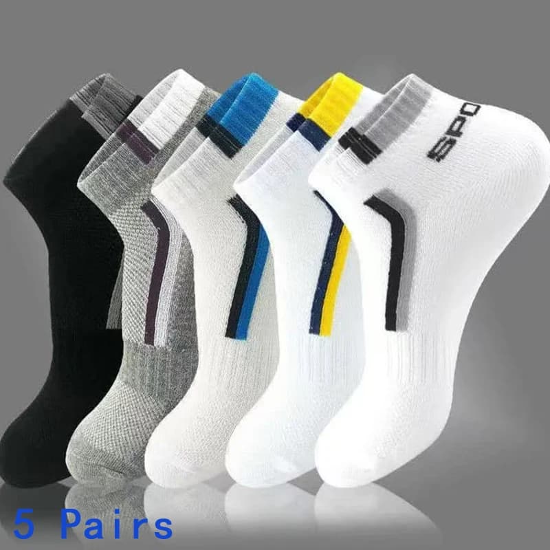 Men's Anti-slip Boat Socks-5 pairs of ankle socks with business and sport block printing, comfortable sweat resistant breathable