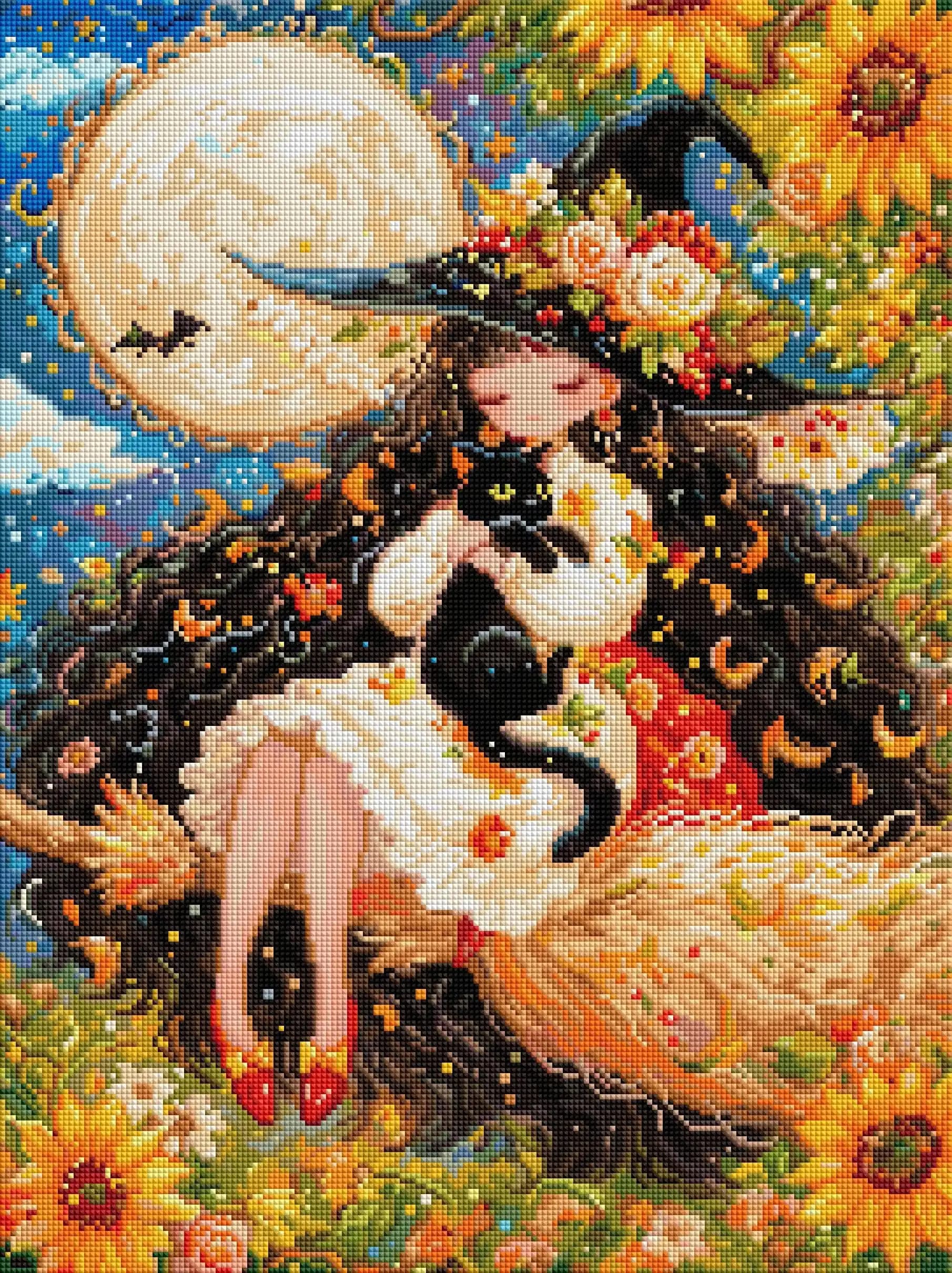 Sunflower Witch Lass Hold Black Cat Moon Bat Diamond Painting, Halloween Aesthetic Home Wall Decoration Handmade Surprise Gift