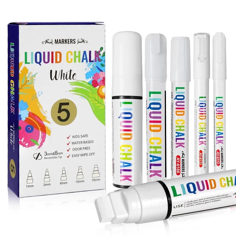 5pcs/set White Chalk Markers Liquid Chalkboard Markers, White Liquid Chalk Marker for Windows, Glass - 1, 3, 6, 10, 15mm Tips