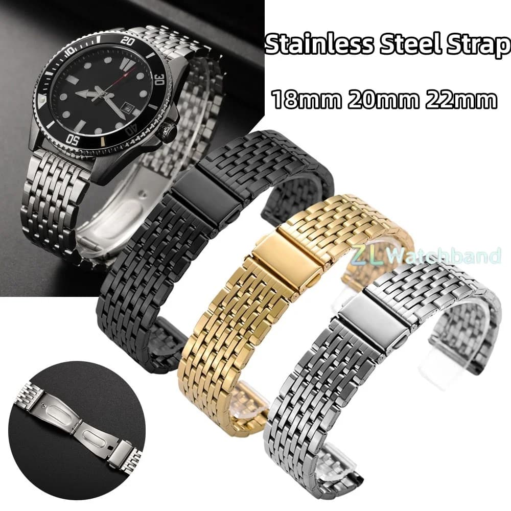 Cinturino per Orologio in Acciaio Inossidabile 18mm 20mm 22mm, Bracciale Metallico con Fibbia Pieghevole, Universale, Argento, Oro, Nero, per Uomo e Donna