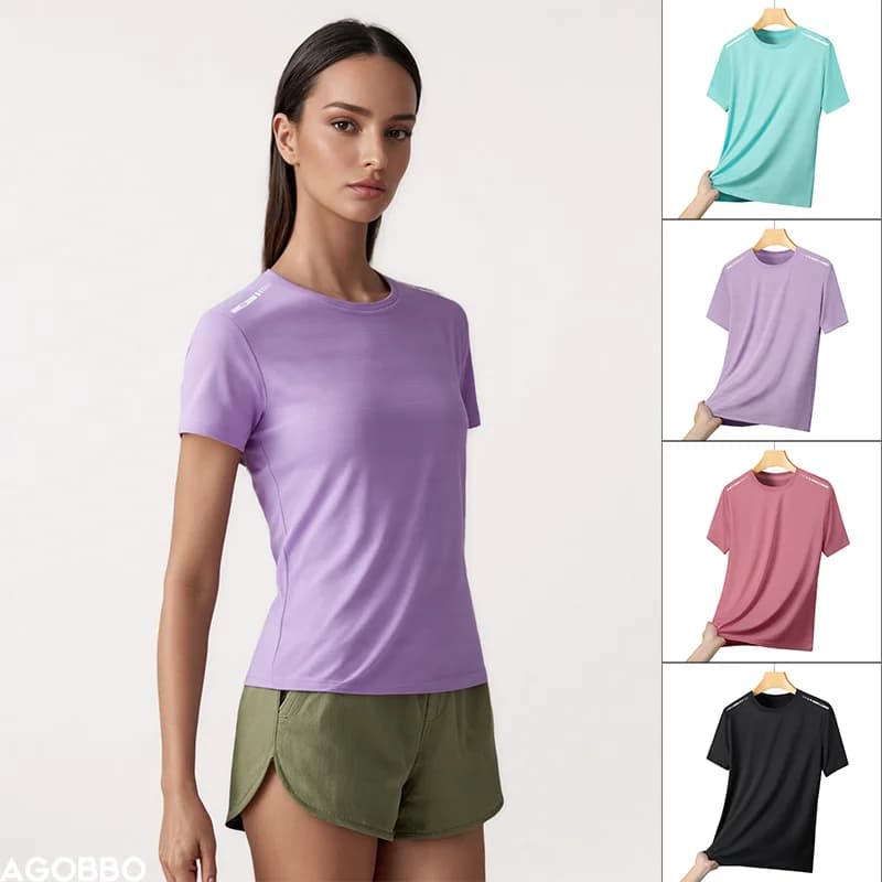 T-shirt da corsa riflettente da donna, in rete ad alta elasticità, traspirante, ad asciugatura rapida, in seta ghiacciata, top sportivo estivo fresco a maniche corte, maglietta attiva