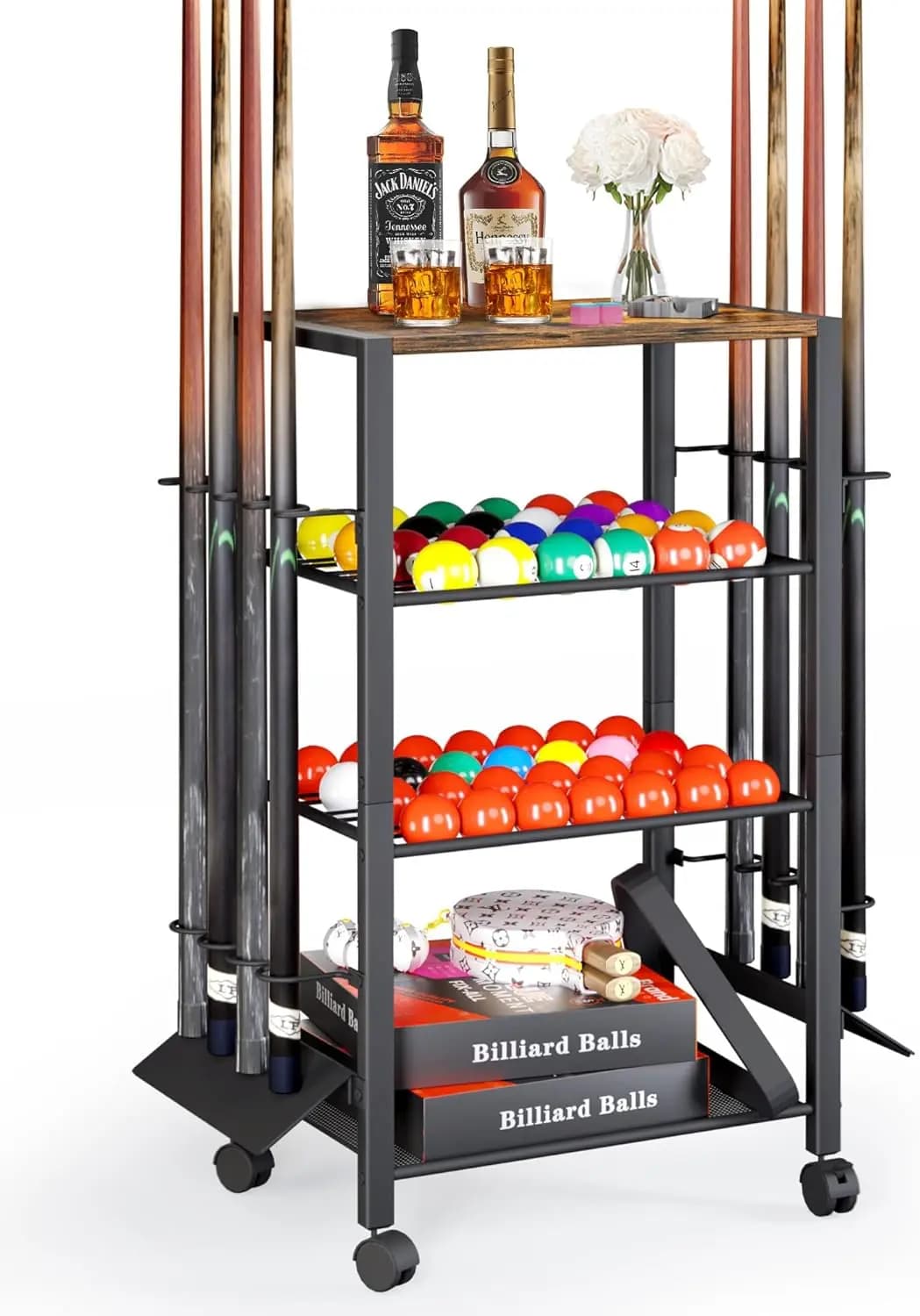 Supporto per Stecche da Biliardo Resistente per 8 Stecche con Organizzatore per Palle - Per Casa o Sala Giochi del Biliardo
