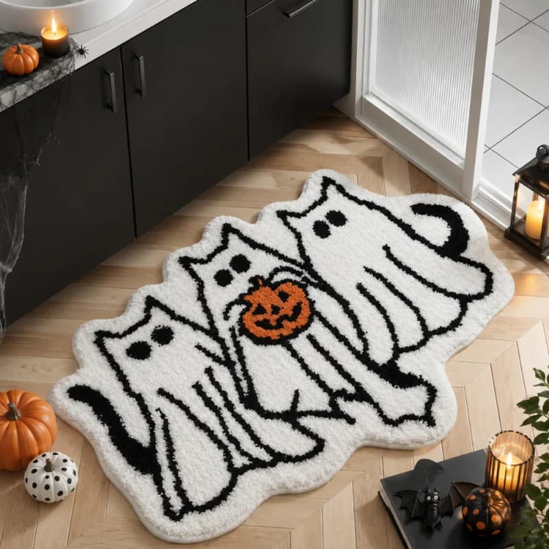 VIKAMA Cute Ghost Cat Pumpkin Bathroom Mat Soft Fluffy Water Absorbent Non Slip Halloween Indoor Home Decor