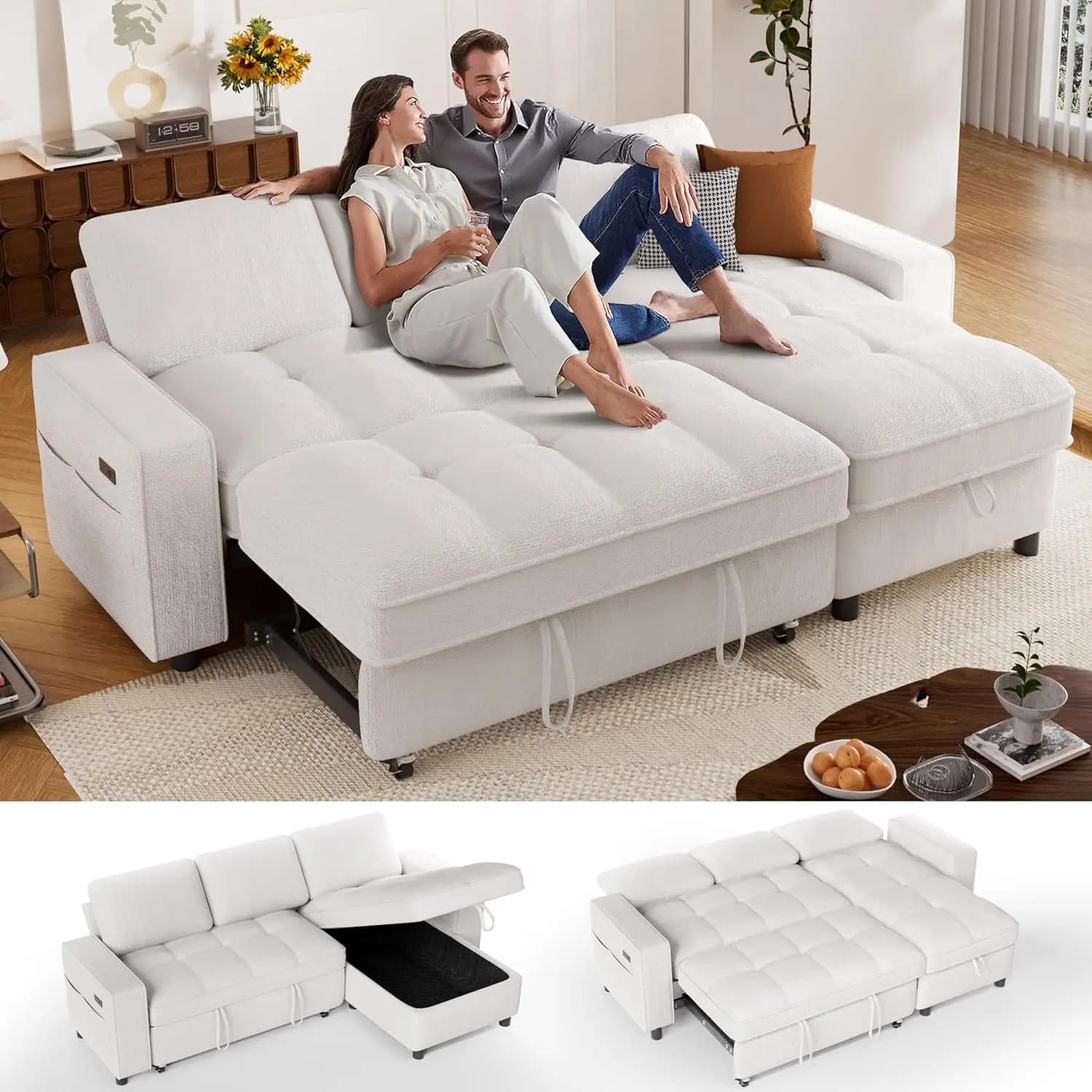 Divano letto a L in ciniglia con letto estraibile, chaise longue reversibile con contenitore, porta USB, tasca laterale, montaggio senza attrezzi, 81 pollici, personalizzabile