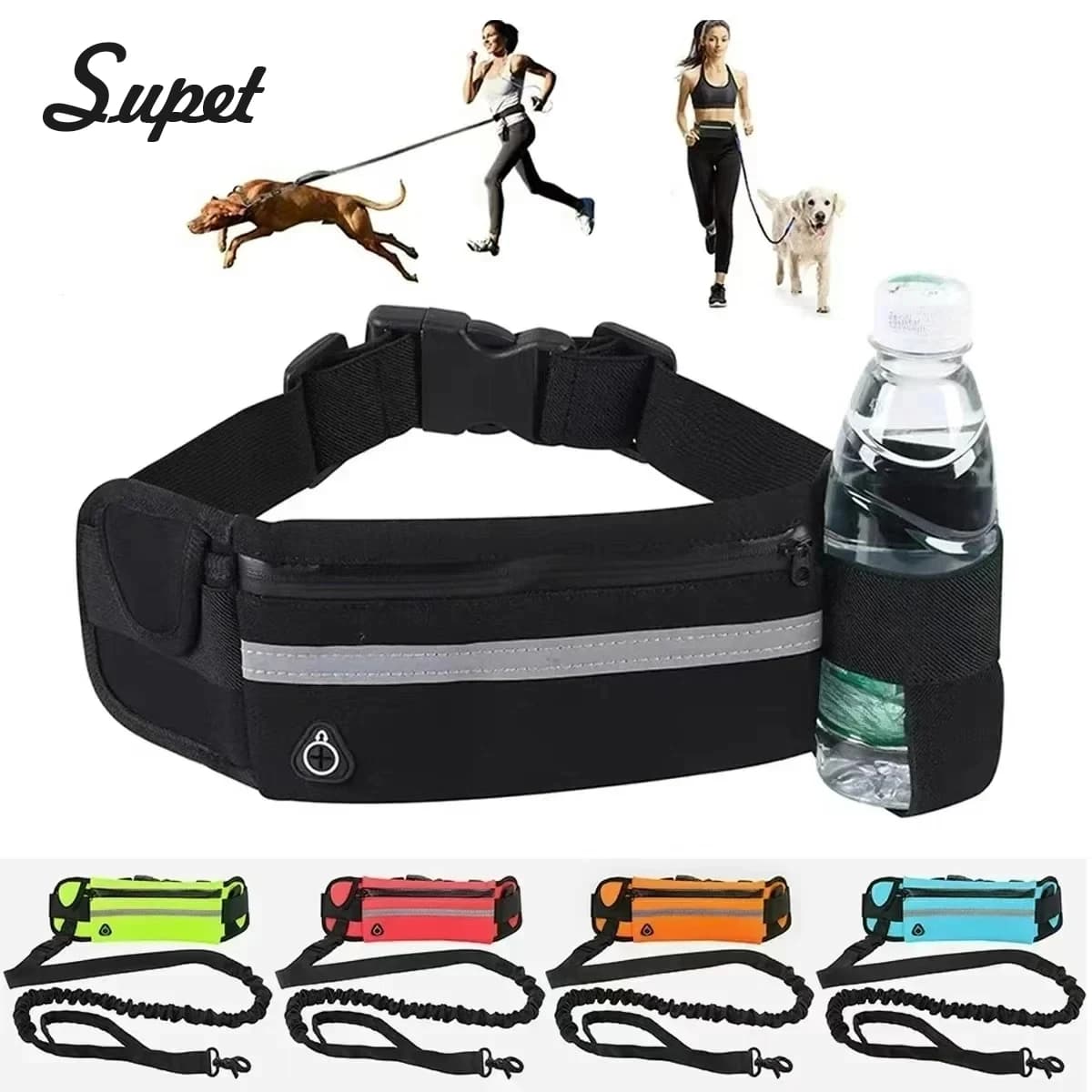 Free-handed dog steering Reflective hook with pouch Retractable elastic belt Traction wheel for dogs to run Walking Pet products