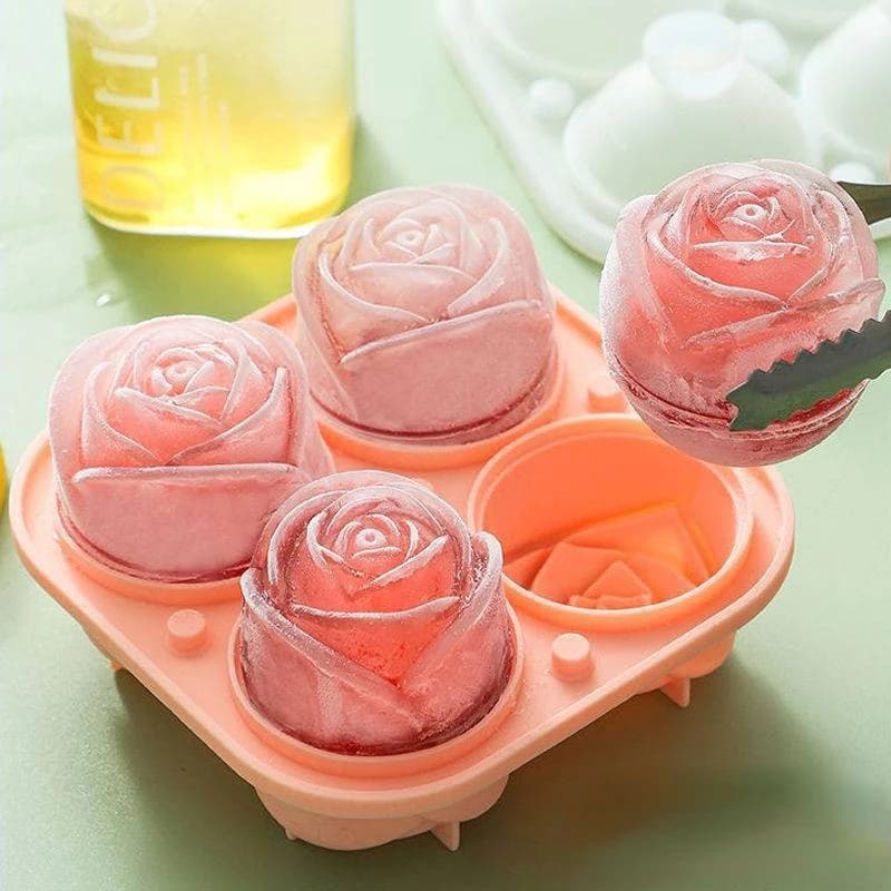 Stampi per ghiaccio rosa 3D da cucina Vassoi per cubetti di ghiaccio piccoli da 2,5 pollici Crea 4 griglie Simpatico fiore a forma di gomma siliconica Divertente creatore di palline di ghiaccio