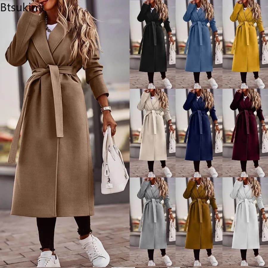 Nuovo elegante cintura femminile trench invernale manica lunga scollo a V sottile ufficio solido cappotto vintage donna streetwear cappotti lunghi