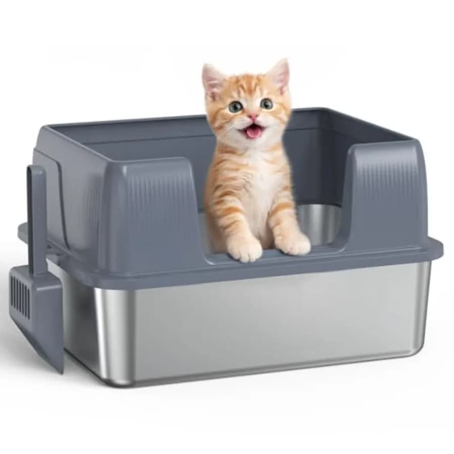 Small Stainless Steel Cat Litter Box, Kitten Litter Box Low Entry, Open Top Litter Pan Included Litter Scoop, Anti-Scratch Meta