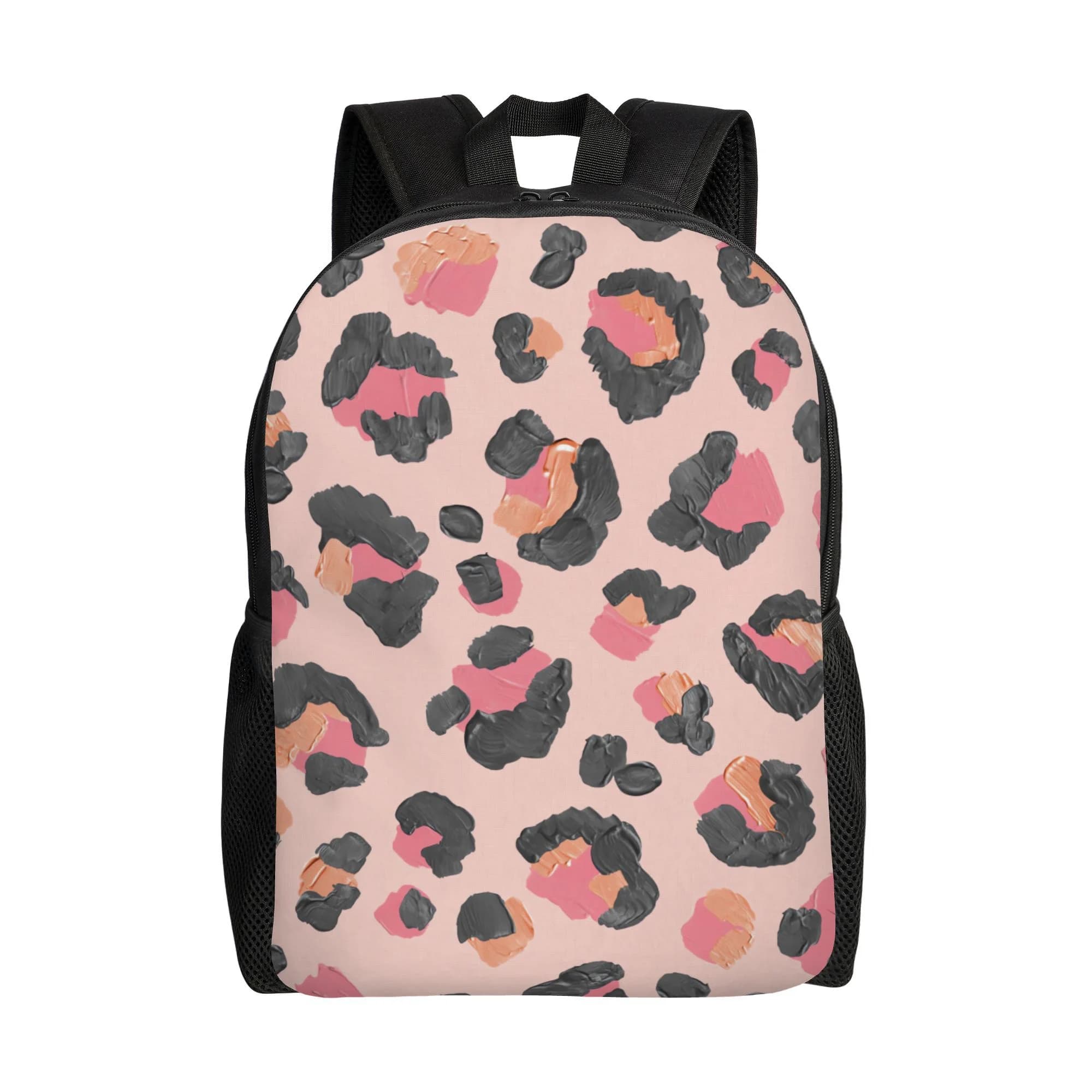 Leopard Peach Pink Black Backpack - Elegant monolayer school backpack with golden details, lightweight for travel and university