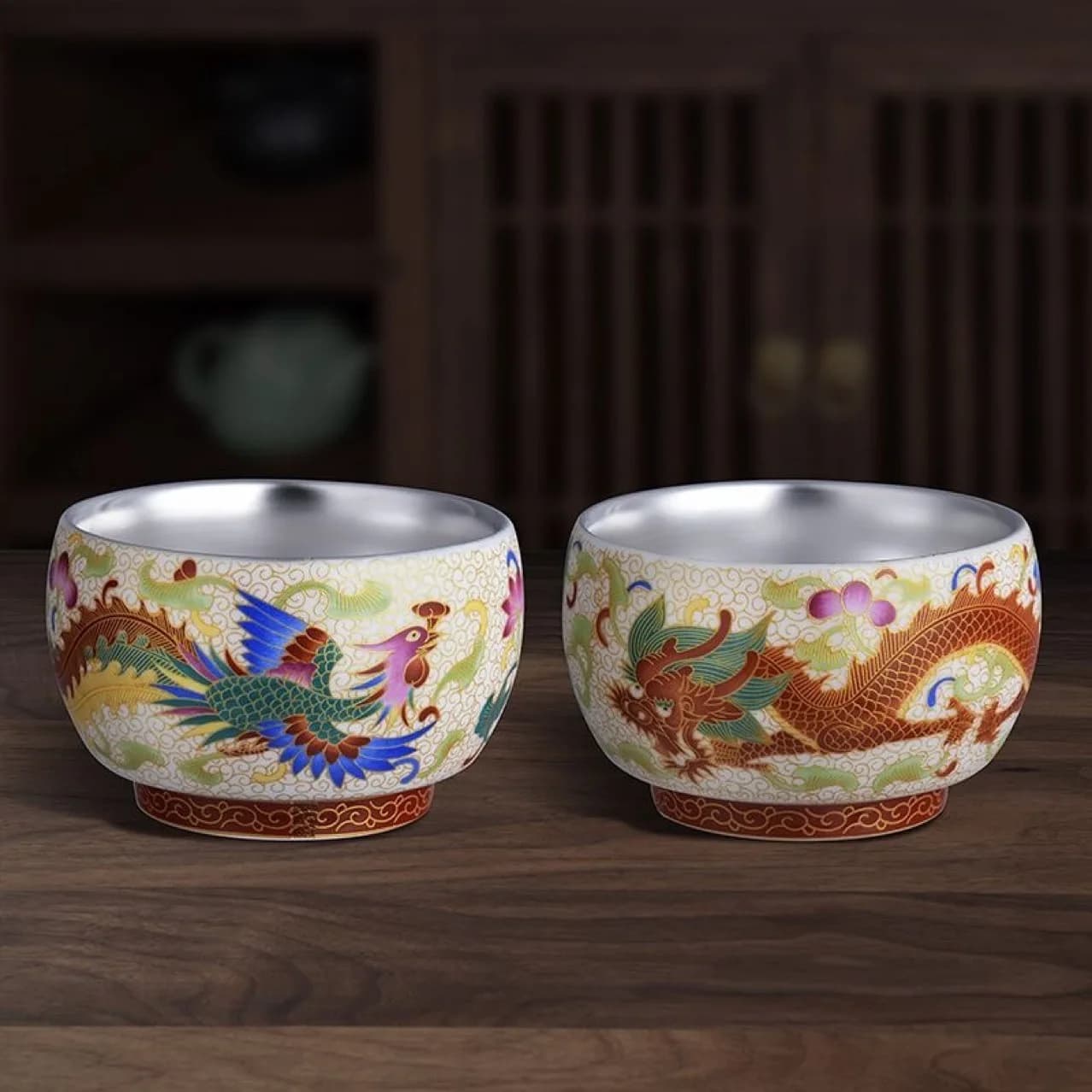 Dragon and Phoenix Silver Cup Tea Cup Silver Bowl Ceramic Silver-plated Tea Cup Master Cup Chinese Tea cup