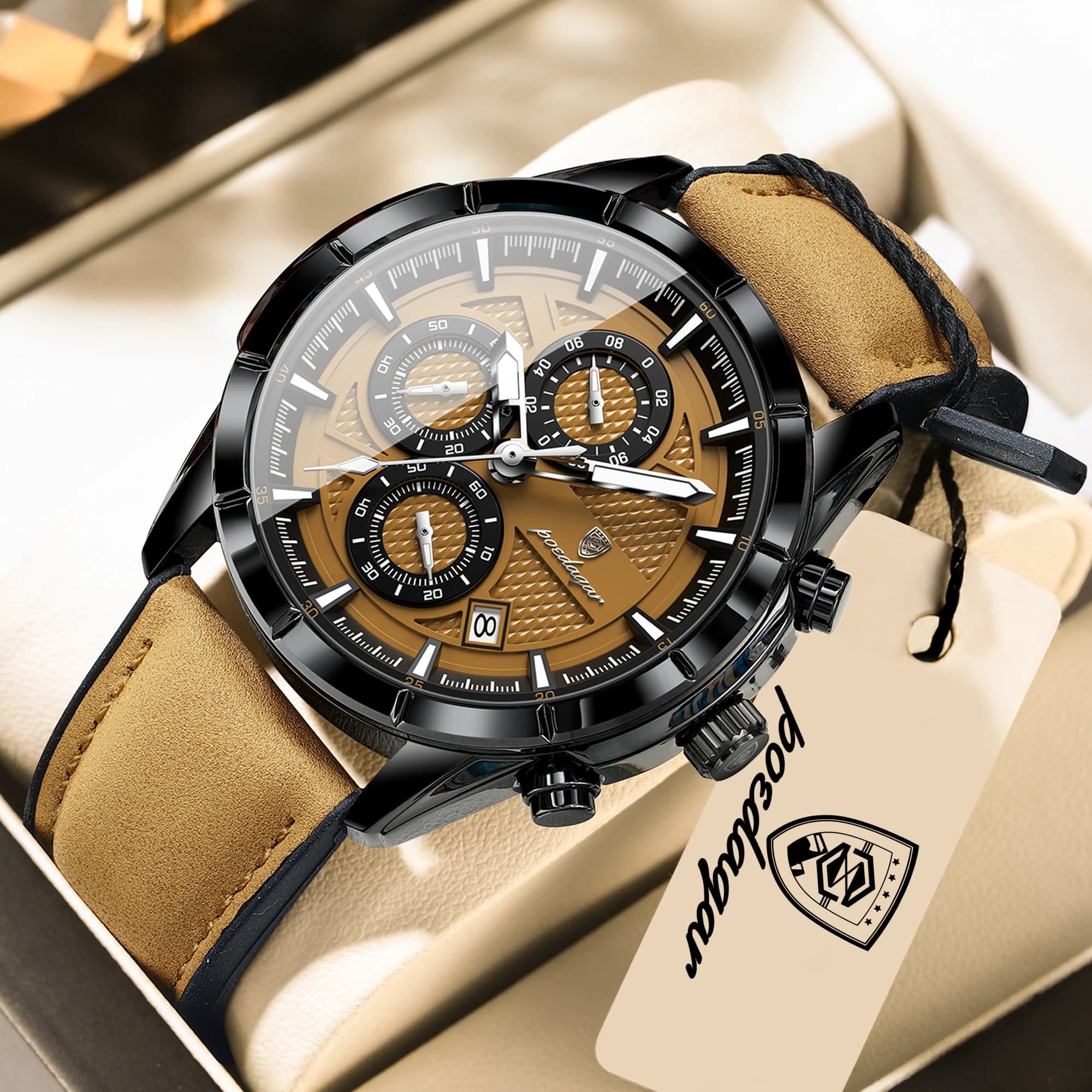 POEDAGAR Orologio da Polso da Uomo alla Moda, in Pelle, con Data, Cronografo, Sportivo, Impermeabile, Luminoso, al Quarzo, per Affari