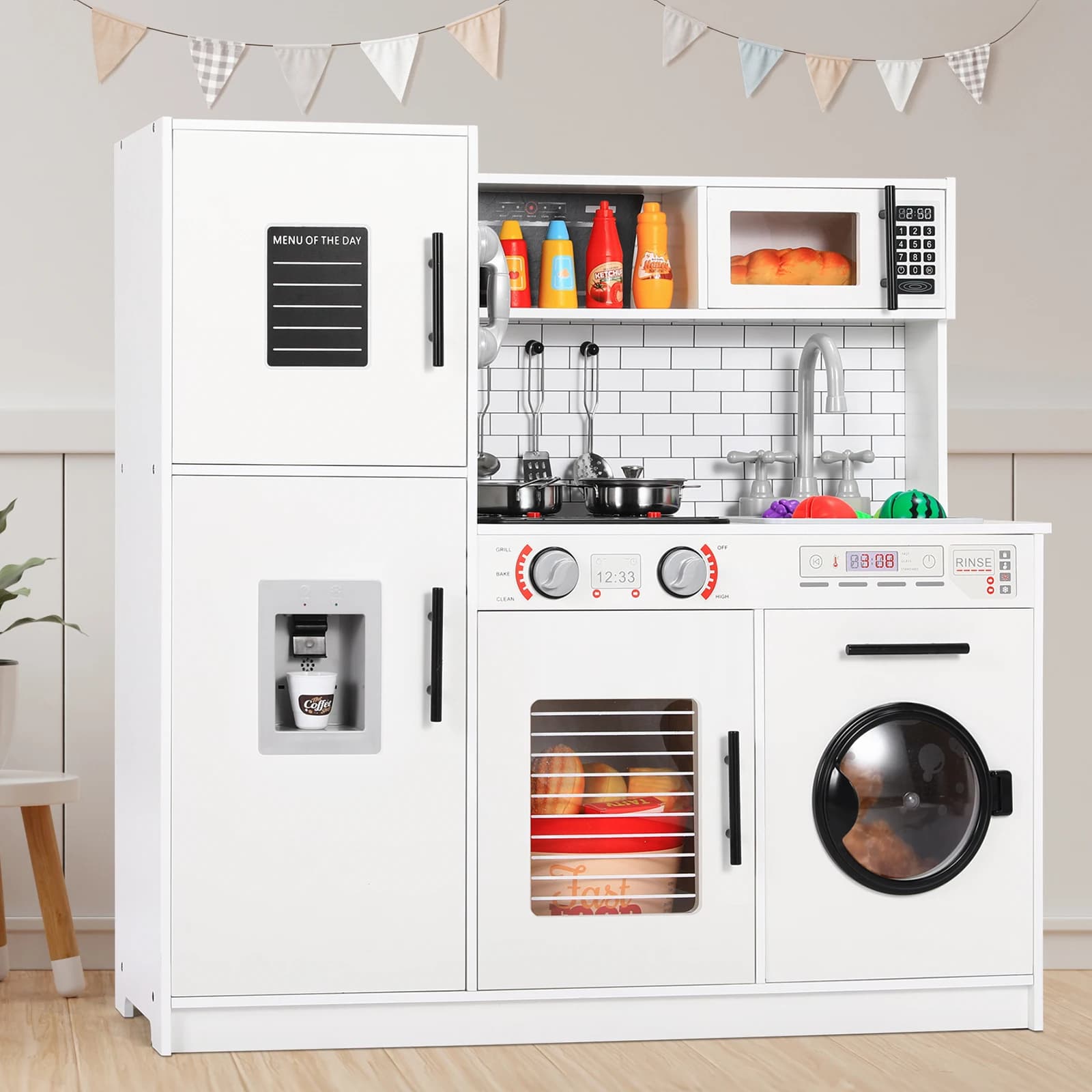 Cucina in legno per bambini Fai finta di giocare Set da cucina Giocattoli da cucina con effetti luminosi e sonori simulati, cibo, pentole per bambini
