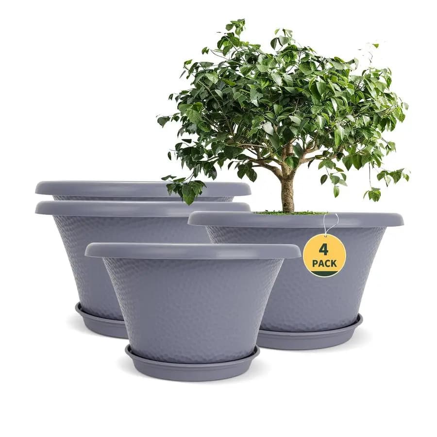 12 inch large flower vase for indoor and outdoor plants, package of 4 plastic vases with drainage hole and tray, modern and decorative.