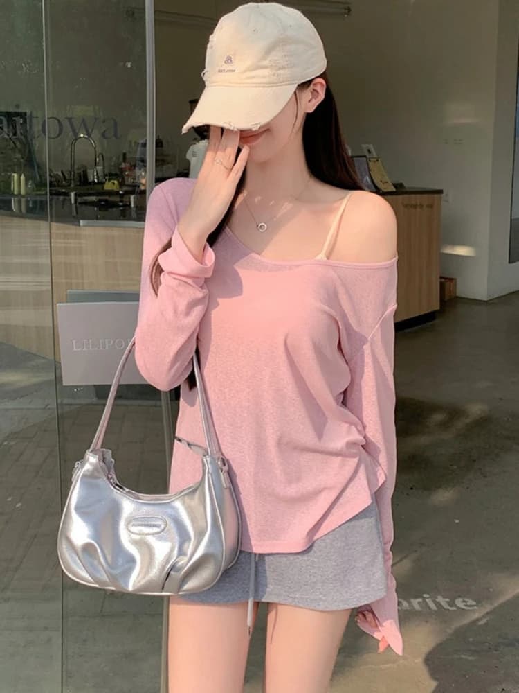 Maglietta da donna versatile e casual con scollo a V, a maniche lunghe sottili, tinta unita, protezione solare, nuova collezione estate 2026