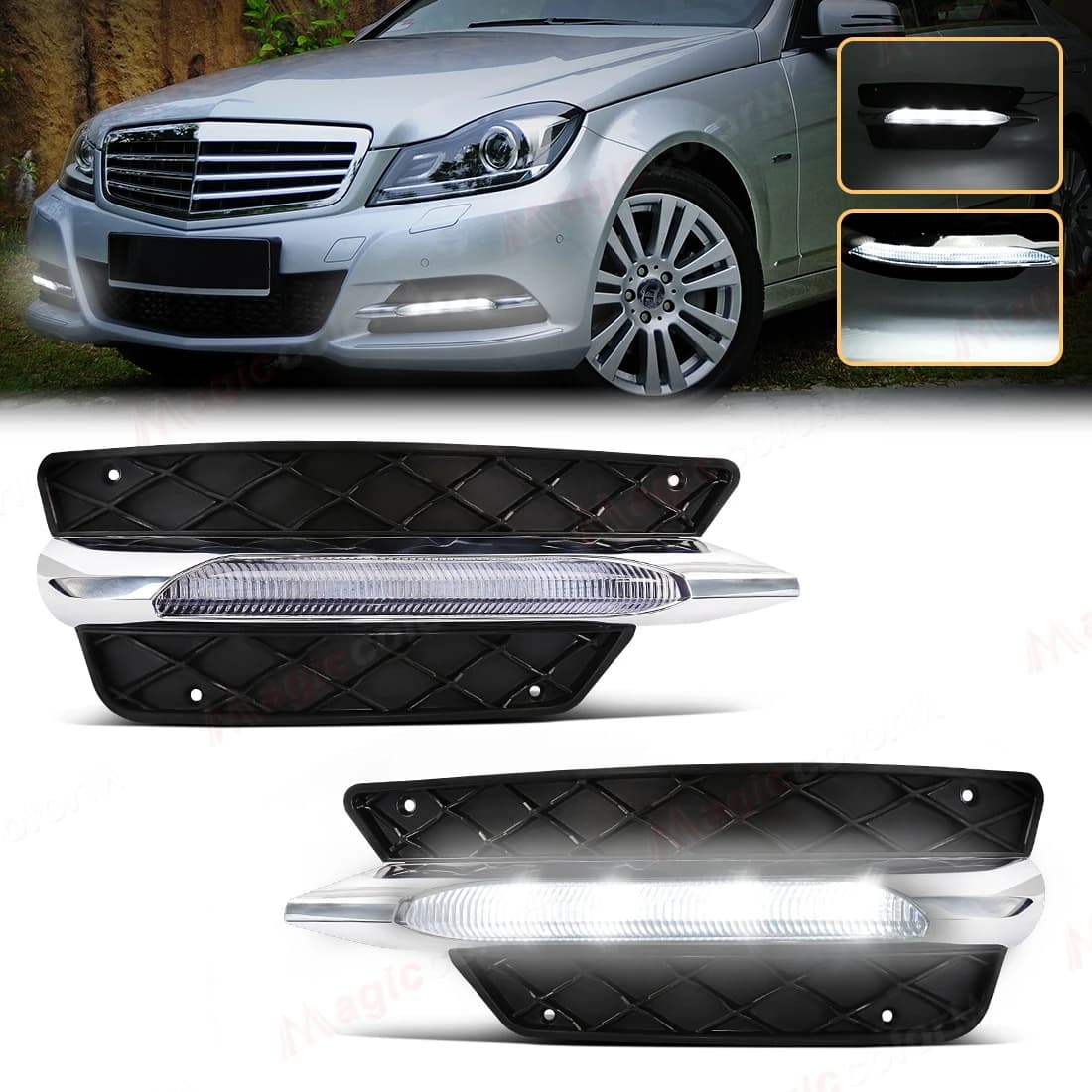 Per Benz Classe C W204 2011 2012 2013 2014 Luce di marcia diurna LED Bianco Faro Anteriore Fendinebbia Griglie Copertura Destra Sinistra 12V