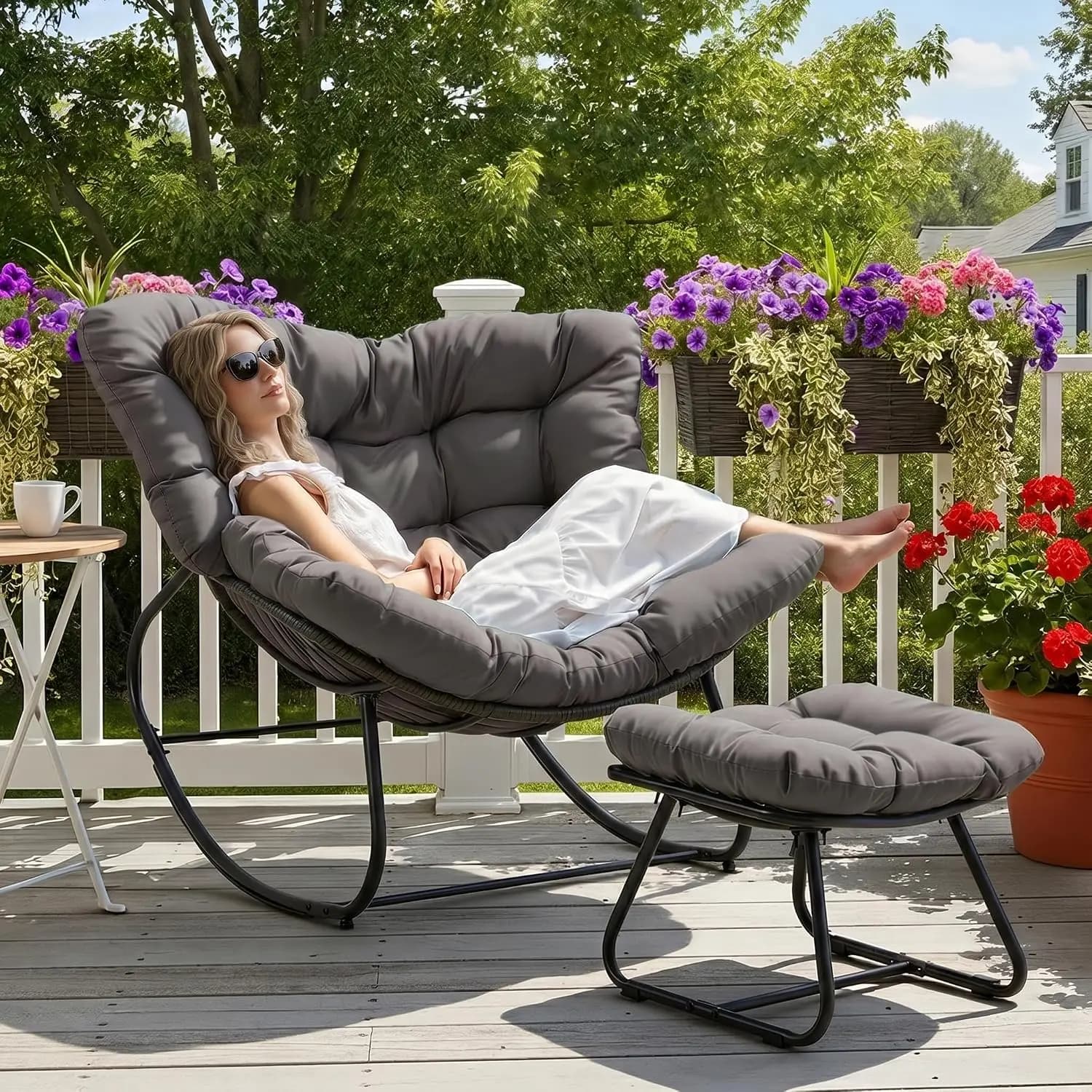 Oversized Indoor And Outdoor Papasan Rocking Chair Set, Metal Lounge Egg Chair With Matching Ottoman And Padded Cushions, Comfort Wicker Reading Seating For Porch Garden Deck Patio, Dark Grey