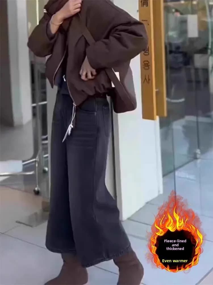Jeans a gamba dritta felpati taglie forti da donna, nuovo stile invernale, pantaloni larghi snellenti a vita alta in denim casual