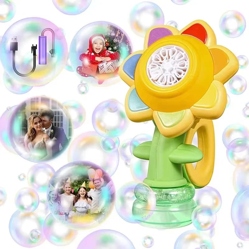Macchina per Bolle a Forma di Girasole per Bambini, Giocattolo Automatico con Luci per Bambini Piccoli, Soffiatore di Bolle per Giochi all'Aperto