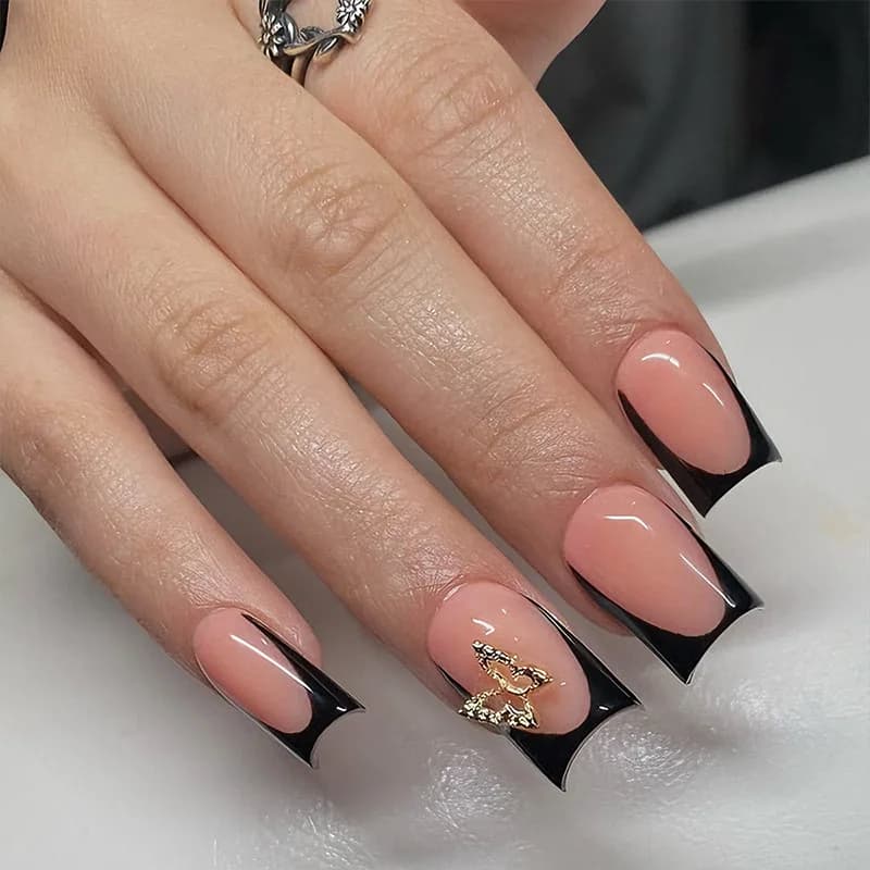 Black French Fake Nails 24Pcs Short Square Nude Color Press On Nails 3D Alloy Butterfly Designs Women and Girls DIY Nails Art