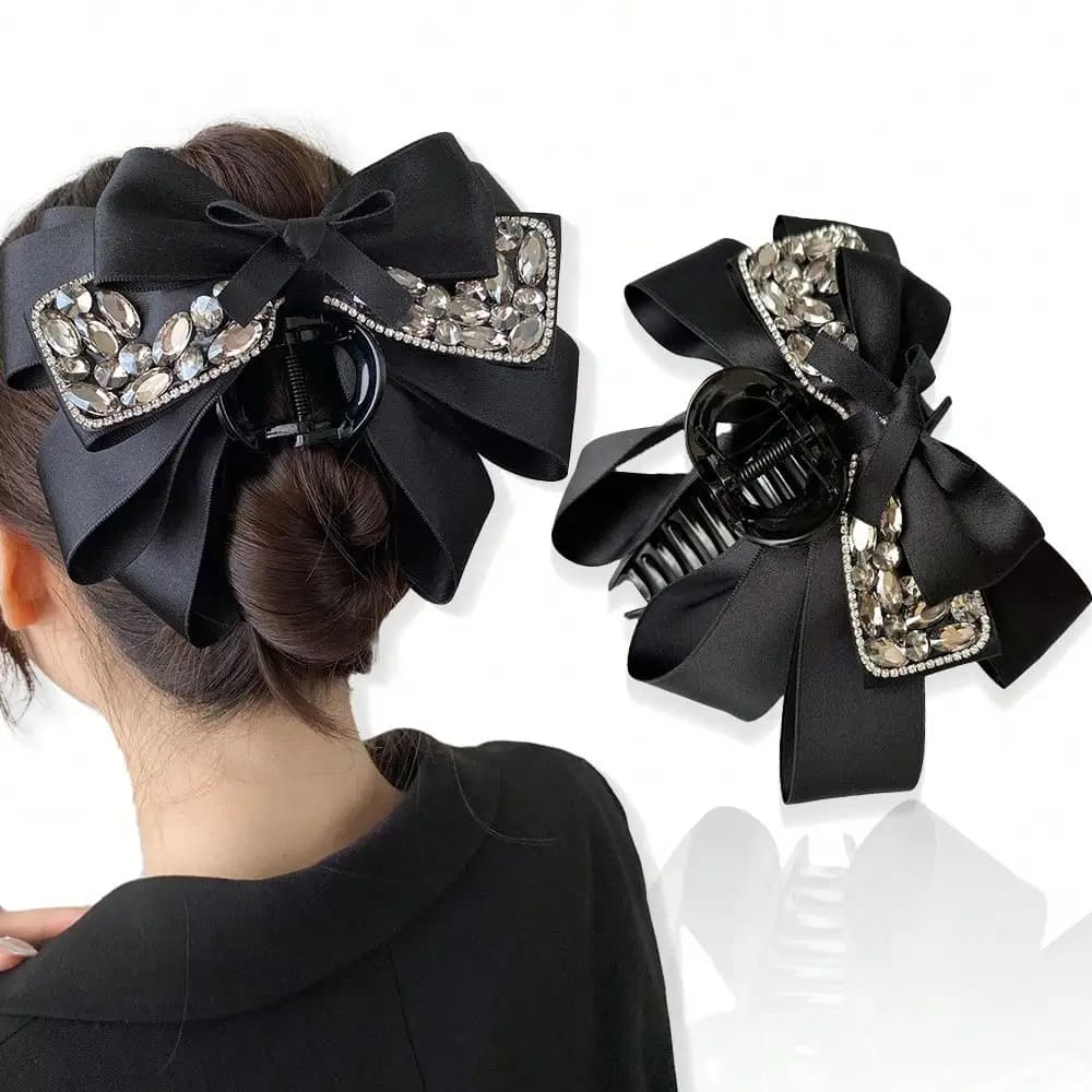 1 Pezzo Fermaglio per Capelli Nero a Fiocco da Donna, in Raso con Nastro, Elegante e Grande, per Uso Quotidiano, Feste, Ufficio, Accessorio per Capelli, Regalo