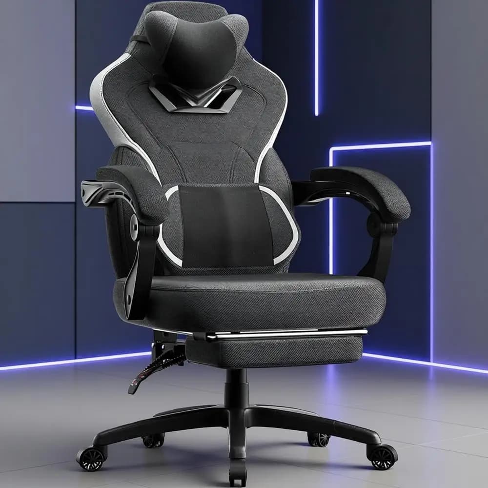 Sedia da gaming ergonomica in tessuto con poggiapiedi, sedile in peluche per giocatori grandi e alti, supporto lombare per massaggi, nero