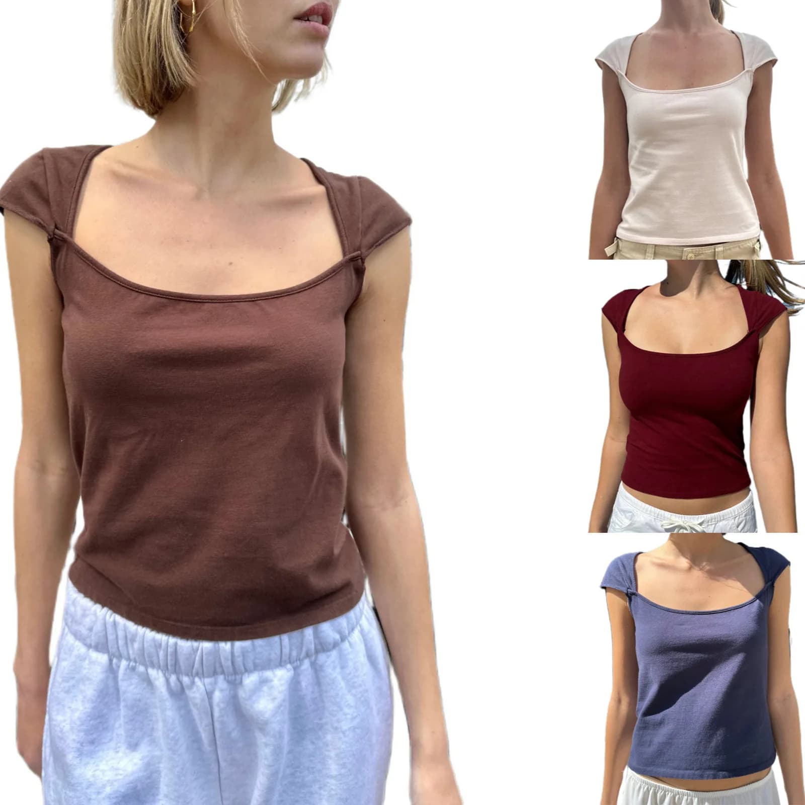 Slimming Pure Style Vest Top Women's Slim Fit Short Sleeve T-Shirt Floral Sleeve Design Square Collar Summer Fashion