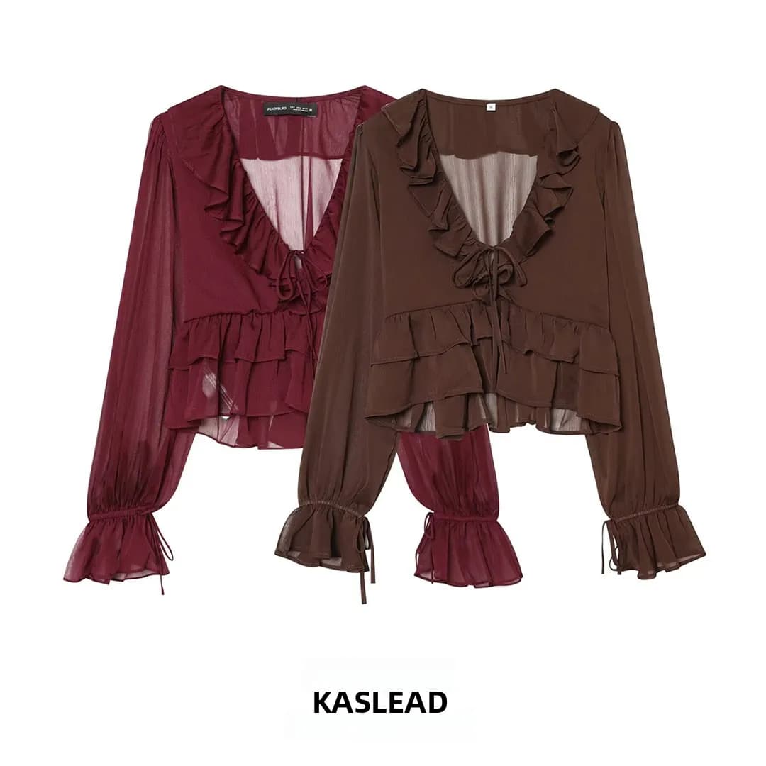 KASLEAD Nuova Moda Femminile: Top Semplice con Scollo a V e Pizzo Trasparente, in Fibra di Poliestere, Manica Lunga, Lunghezza Corta