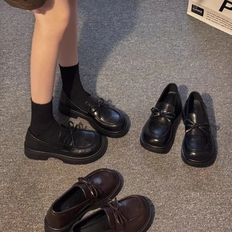 Bowknot Decor Chunky High Heel Pumps Women 2026 Goth Patent Leather Platform Loafers Woman Fashion Thick Sole Jk Uniform Shoes