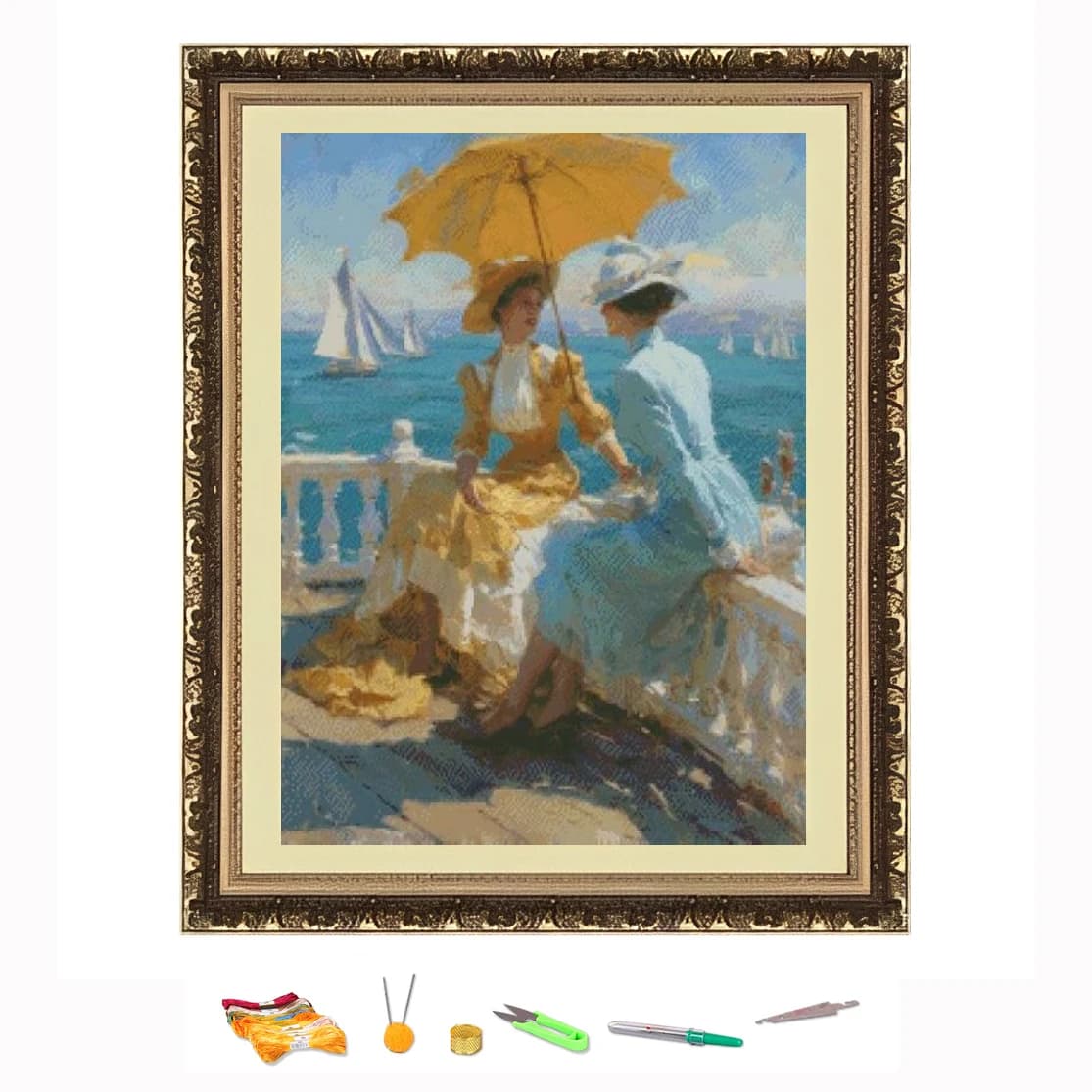 Ricamo a punto croce Due donne che guardano il mare Kit di cucito fai-da-te Decora stampato su Canva 11CT