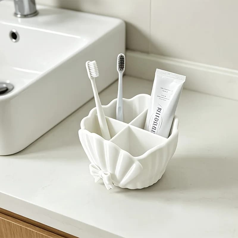 Bow lace shell shape four compartment toothbrush holder bathroom wash table toothpaste makeup pen compartment storage box multi-functional 3D printing desktop small sundries classification storage basket home