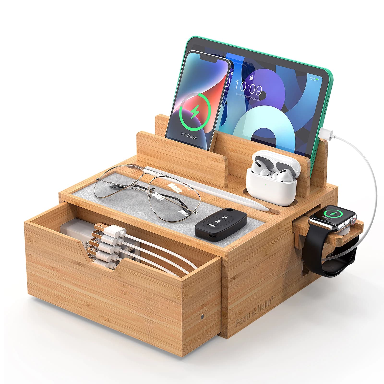 Bamboo Charging Station for Multi Device, Nightstand Docking Station with Lined Tray & Drawer, Compatible with Tablet, Phones