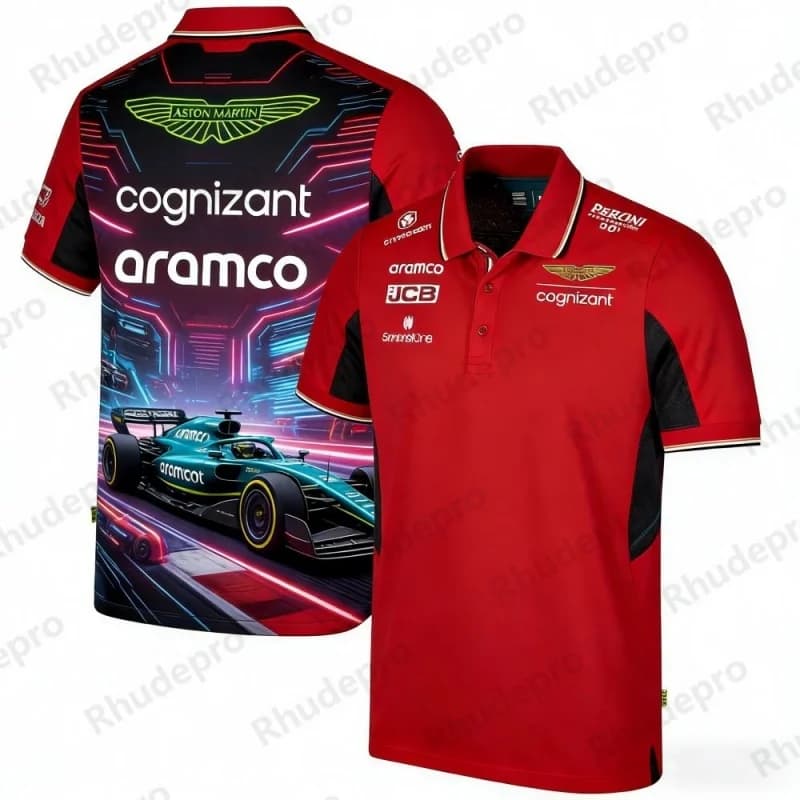 Polo a maniche corte con marchio del team Aston Martin, a tema racing, stile sportivo casual per l'uso quotidiano, per gli appassionati di corse
