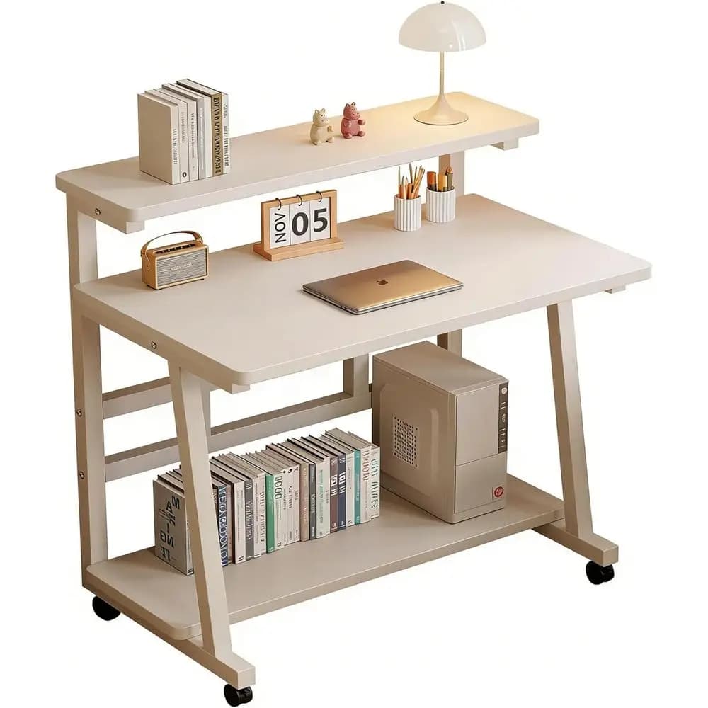 Scrivania Compatta Portatile 47.2 con 3 Ripiani e Supporto Monitor per Ufficio Domestico, Tavolo per Laptop con Ruote per Piccoli Spazi