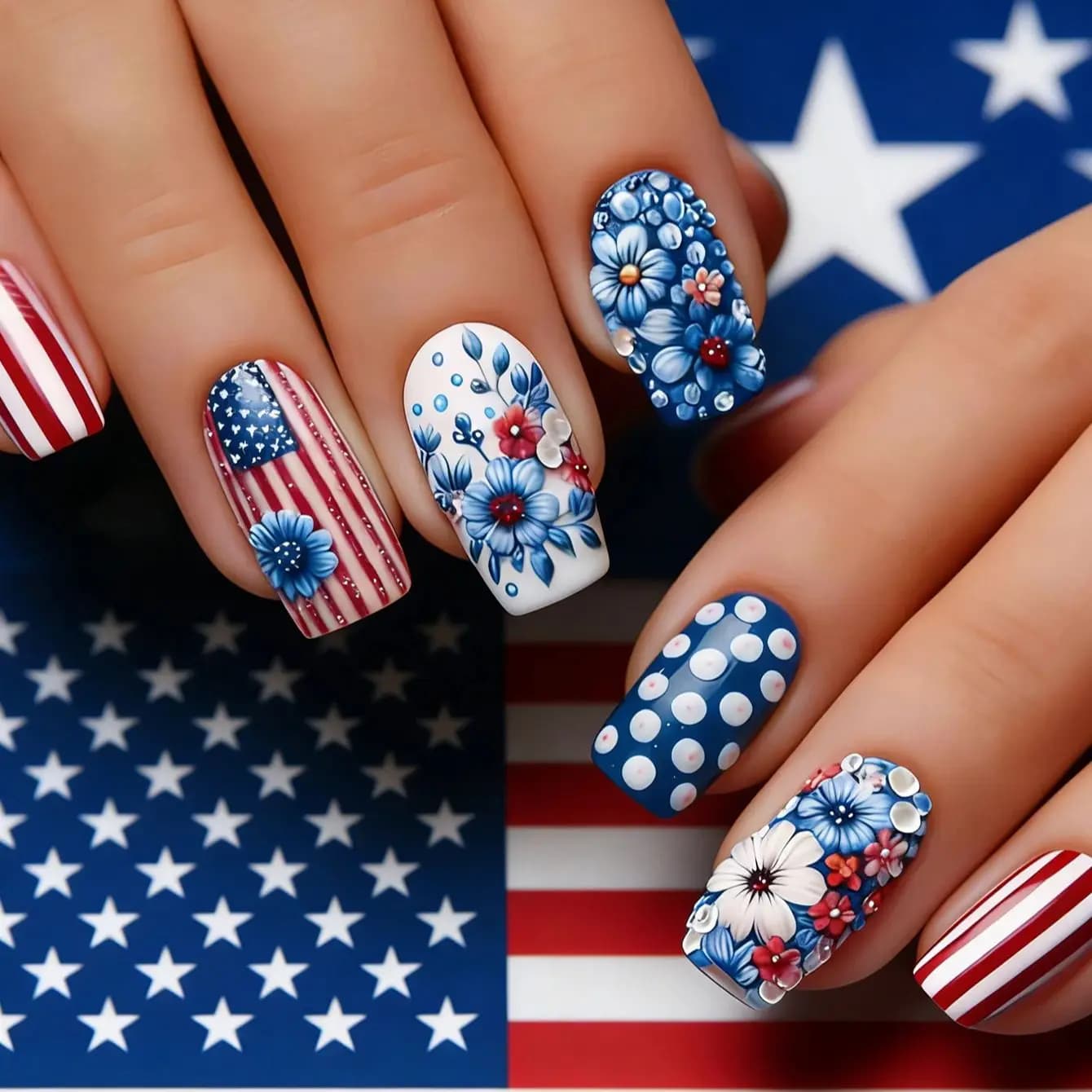 24 pieces of fake Chinese style nails for Independence Day, with red and white striped pattern, elegant floral polka dot design, fake nails suitable for women, for appointments and daily use, gift for Mother's Day, set of fake nails removable with gel glue and file.
