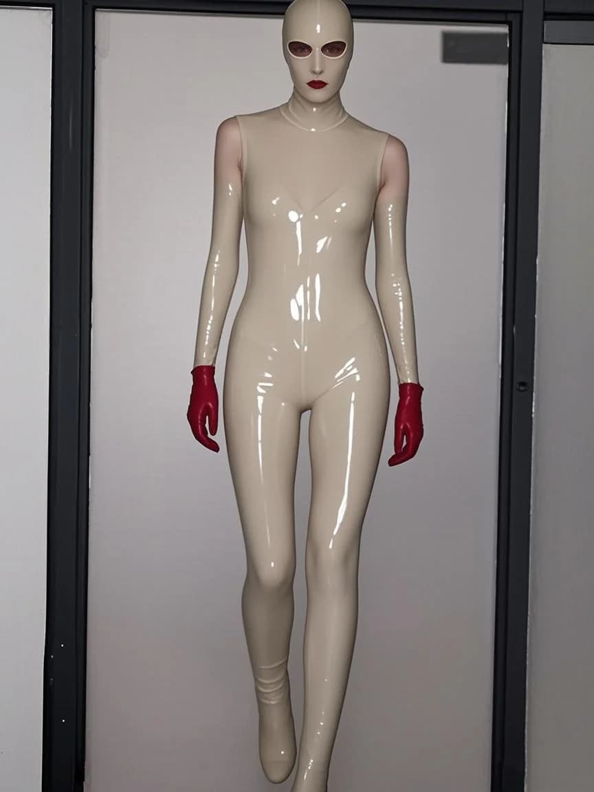 Latex Rubber Gummi Catsuit Suit uniform Cosplay Purely handmade Party Mask--Red glove