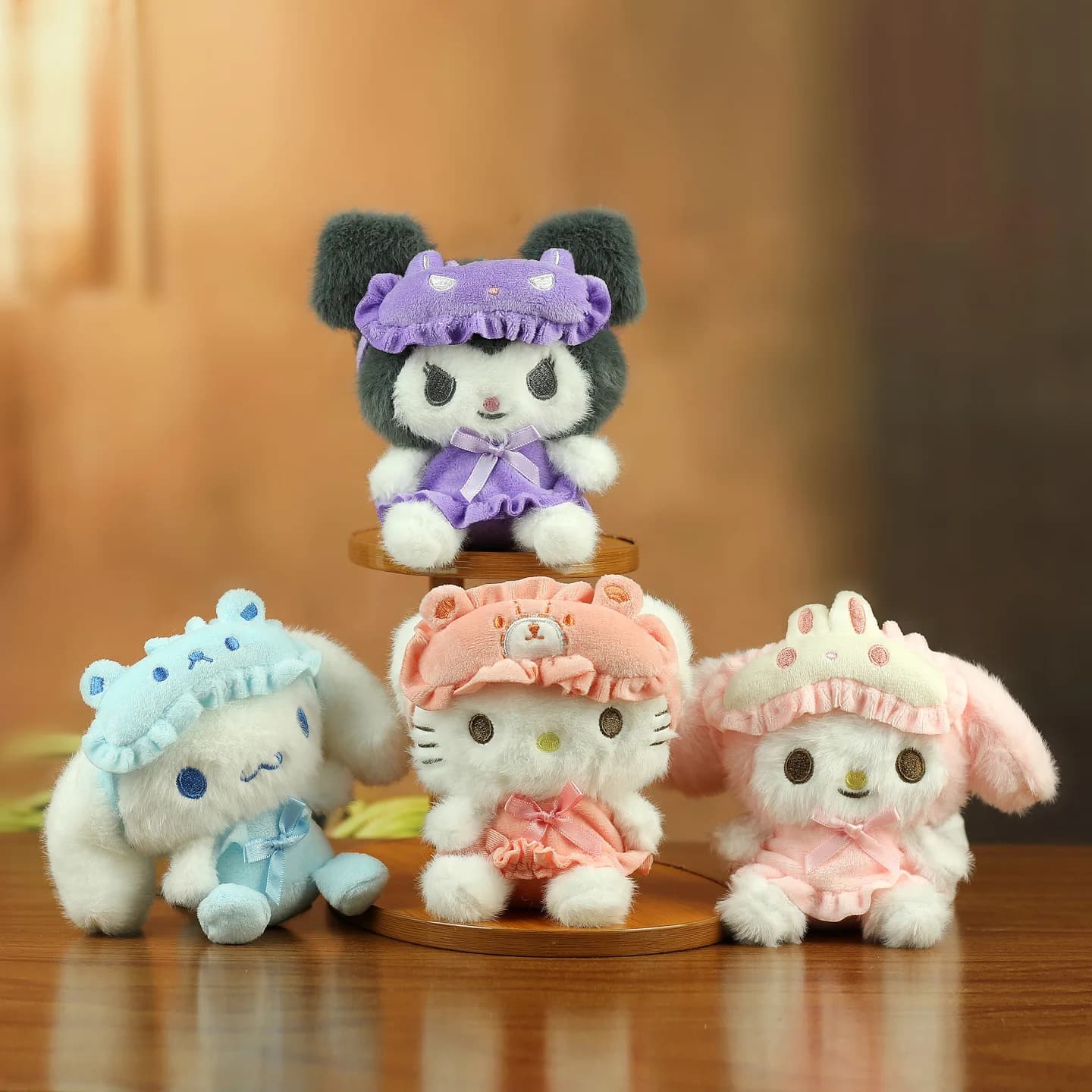Pajama Nightcap Plush Keychain Cute Kuromi Cinnamoroll Hello Kitty My Melody Soft Stuffed Doll Pendant Backpack Bag Charm