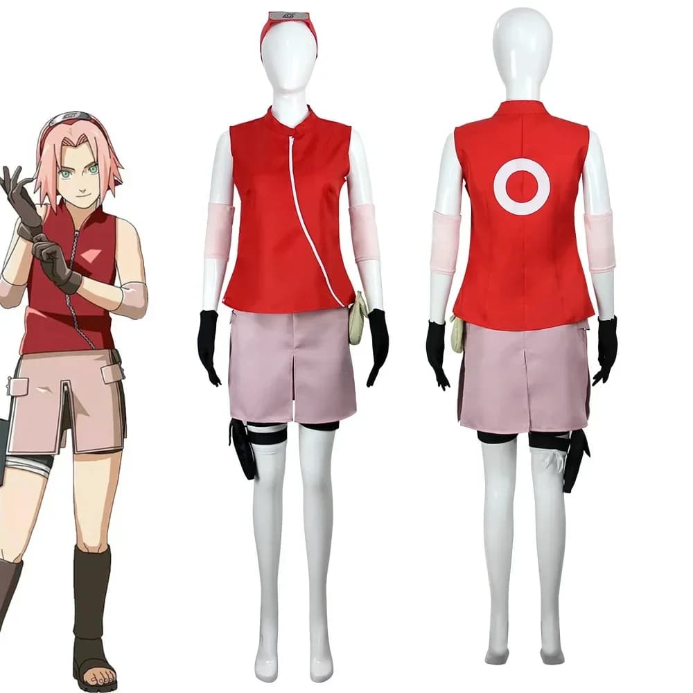 Costume de Cosplay Anime Haruno Sakura, haut, jupe, short, pochette, Halloween, Thanksgiving