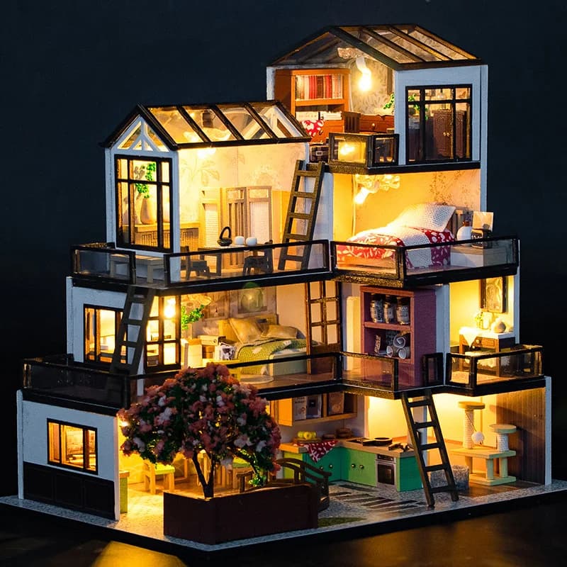 Case delle bambole in legno fai-da-te Dream Town Cottage Kit modello in miniatura Casa delle bambole con luci per mobili per regali di compleanno di amici