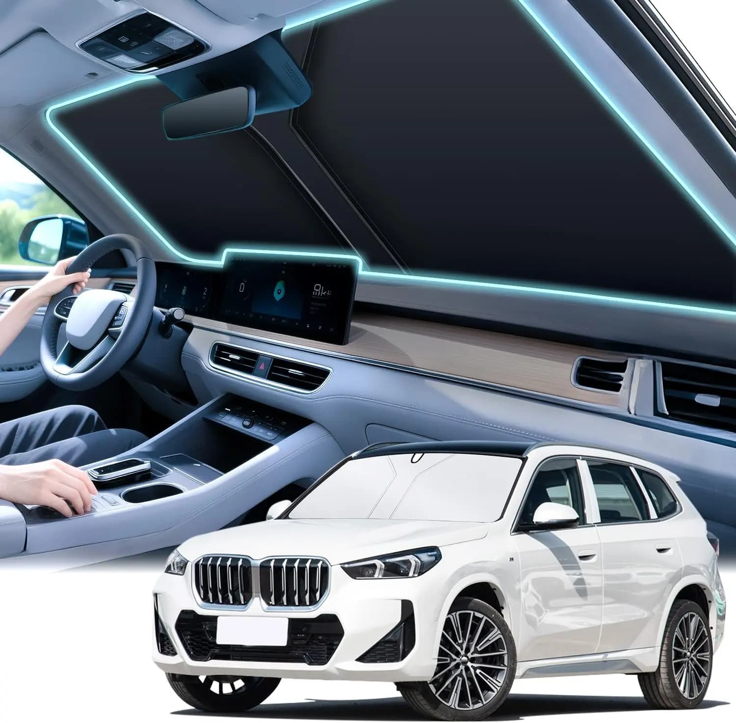 Parasole universale per parabrezza auto, pieghevole riflettente per parabrezza e finestrini con design sovrapposto, 64,5 pollici di lunghezza x 33 pollici di larghezza