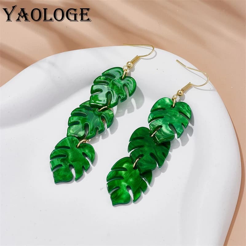 YAOLOGE Green Turtleback Leaves Tropical Palm Leaf Long Pendant Earrings For Women New Trend Ear Hook Acrylic Jewelry Party Gift