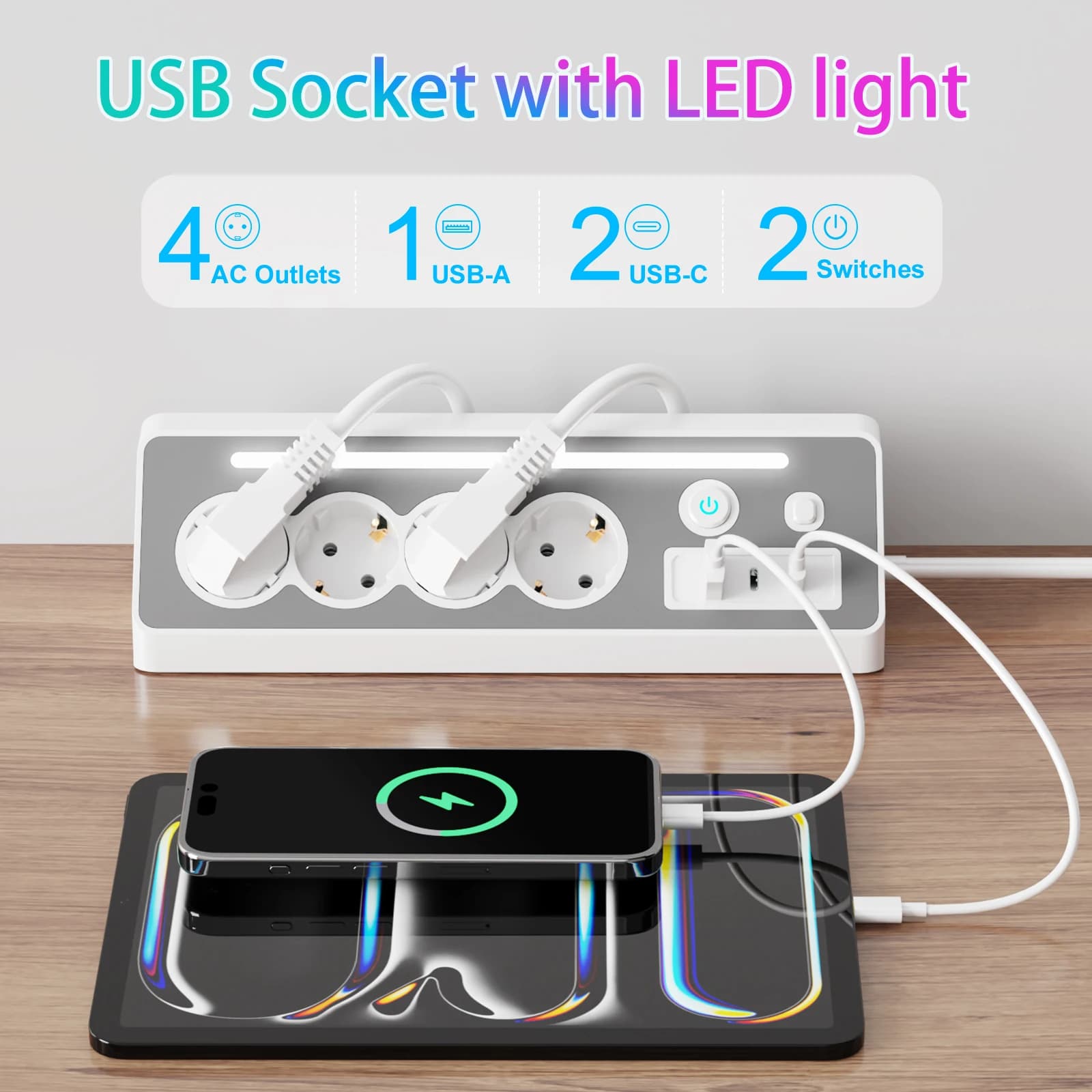 Multi-spine European current socket with LED light 4 AC sockets 3 USB ports charging extension 1.5 m Protection against overvoltage 3680 W